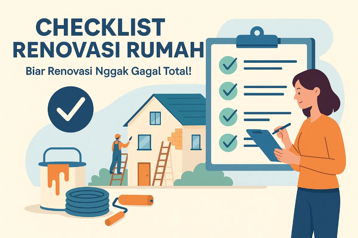 Checklist Renovasi Rumah – Persiapan Penting Sebelum Memulai Proyek Renovasi (1) Ilustrasi checklist renovasi rumah dengan karakter wanita mencentang daftar di depan rumah yang sedang direnovasi, dilengkapi alat tukang dan ikon persetujuan