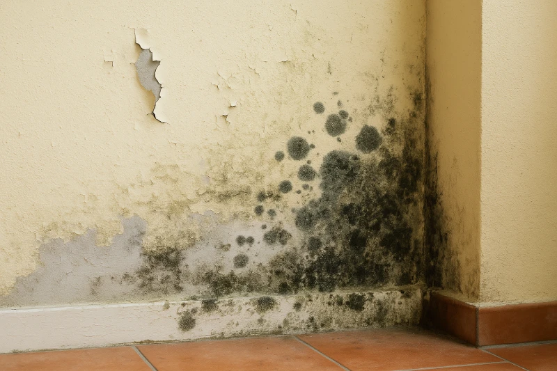 Dinding rumah bagian bawah dengan cat mengelupas dan pertumbuhan jamur hitam akibat kelembaban, menggambarkan dampak penggunaan material bangunan berkualitas rendah.