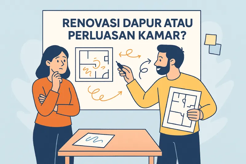 Ilustrasi pasangan mendiskusikan rencana renovasi rumah di depan papan berisi denah dan tulisan "Renovasi Dapur atau Perluasan Kamar?" dengan gaya flat dan warna pastel