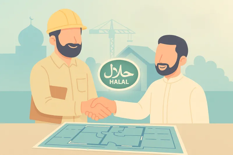 Kontraktor syariah dan pemilik proyek berjabat tangan di depan denah rumah, dengan latar masjid dan simbol halal, menggambarkan akad wakalah dalam konstruksi islami