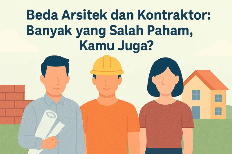 Ilustrasi beda arsitek dan kontraktor bersama desainer interior dalam proyek rumah, digambarkan dengan gaya pastel flat design di depan bangunan