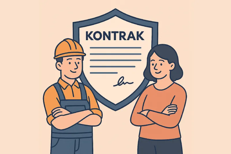Ilustrasi kontraktor dan klien berdiri tenang di depan dokumen kontrak berbentuk perisai, melambangkan perlindungan dan kejelasan dalam kontrak kerja proyek.