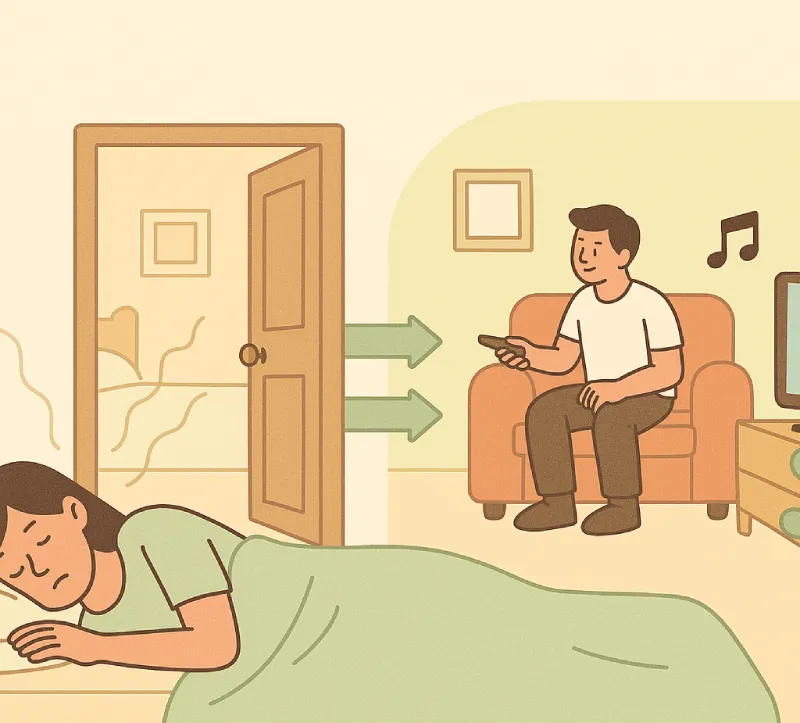 Gambar seorang wanita tidur terganggu oleh suara dari ruang tamu di rumah 1 lantai, menunjukkan tantangan privasi antar ruang