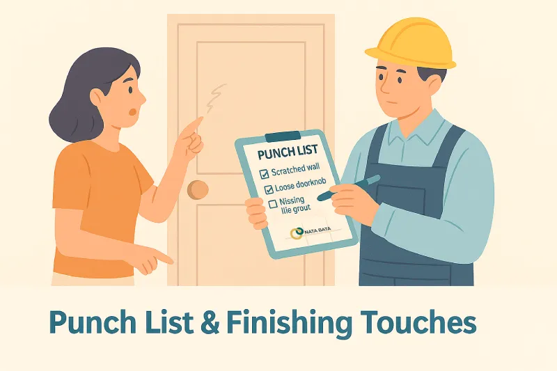 Ilustrasi proses bangun rumah saat tahap finishing, seorang klien memeriksa tembok tergores sambil mendiskusikan punch list dengan tukang, termasuk perbaikan seperti nat keramik kosong dan gagang pintu longgar