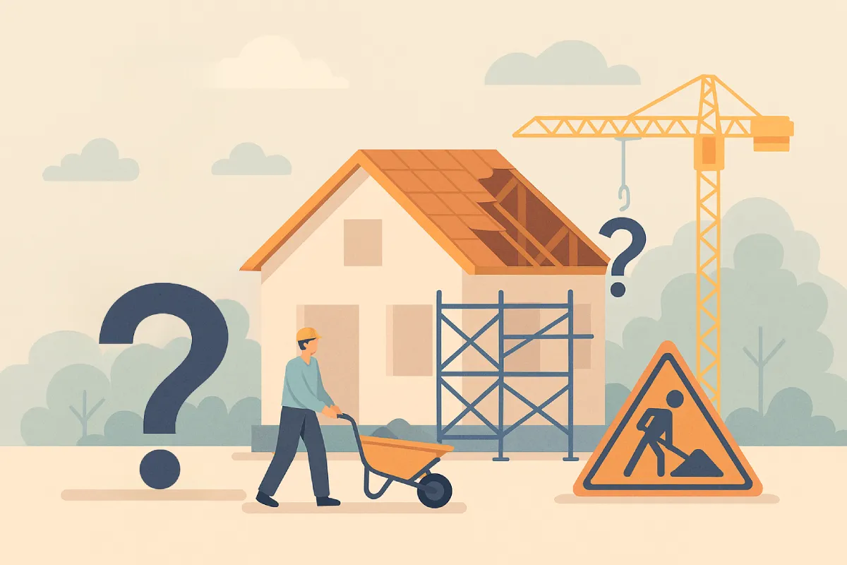 Gambar ilustrasi rumah yang sedang dibangun tanpa papan proyek dan kontrak kerja proyek, dengan tanda tanya besar di samping bangunan sebagai simbol ketidakjelasan peran antara klien dan kontraktor.