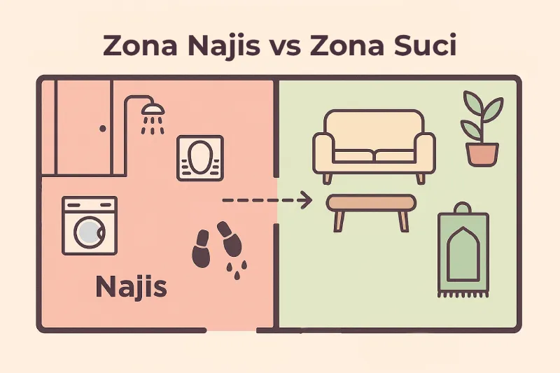 Ilustrasi layout rumah muslim yang memisahkan zona najis dan zona suci dengan warna pastel, menampilkan area kamar mandi dan laundry yang terpisah dari ruang ibadah dan keluarga sesuai prinsip desain interior syariah.
