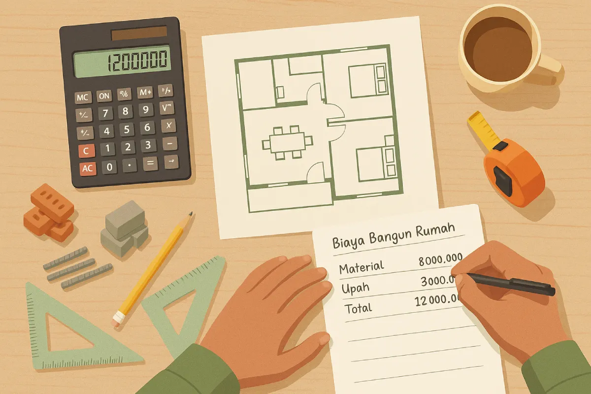Kalkulator dan denah rumah di atas meja, ilustrasi menghitung biaya bangun rumah