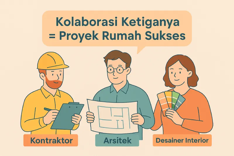 Ilustrasi kolaborasi arsitek, kontraktor, dan desainer interior yang menunjukkan pentingnya memahami beda arsitek dan kontraktor, serta peran masing-masing dalam proyek rumah agar hasil lebih optimal dan sesuai desain