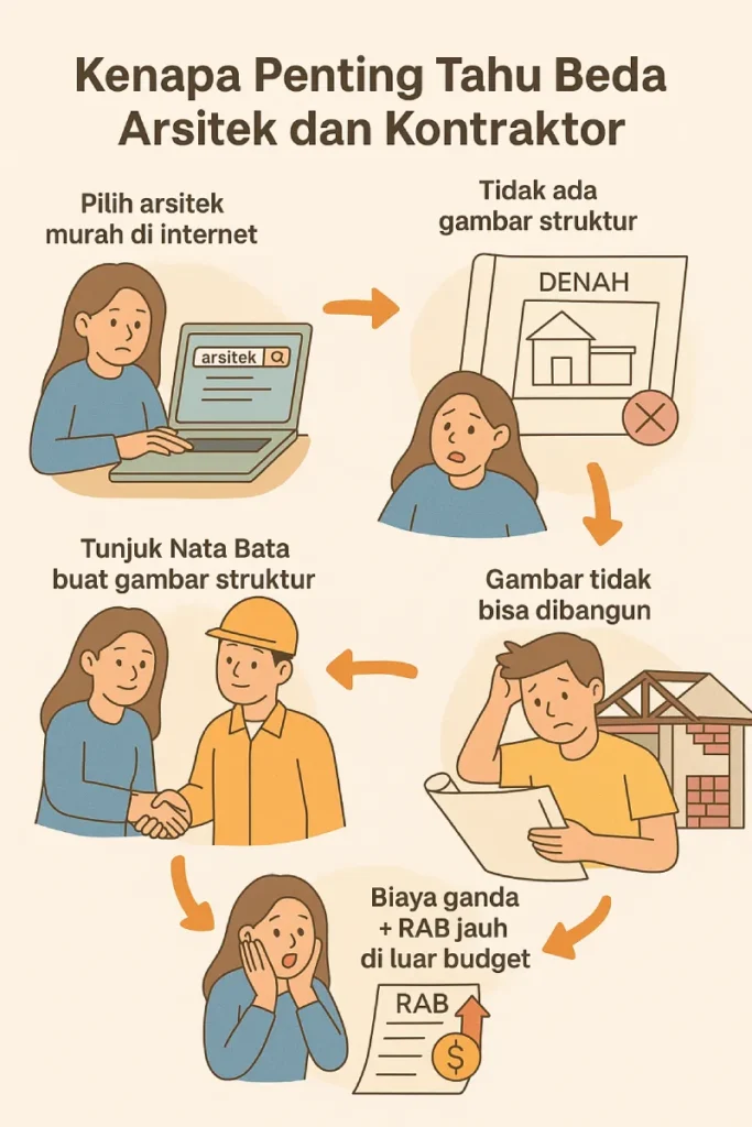 Ilustrasi kronologi nyata yang menunjukkan pentingnya memahami beda arsitek dan kontraktor, saat konsumen memilih arsitek murah tanpa gambar struktur hingga akhirnya harus keluar biaya ganda dan RAB jauh di luar budget sebelum dibantu Nata Bata