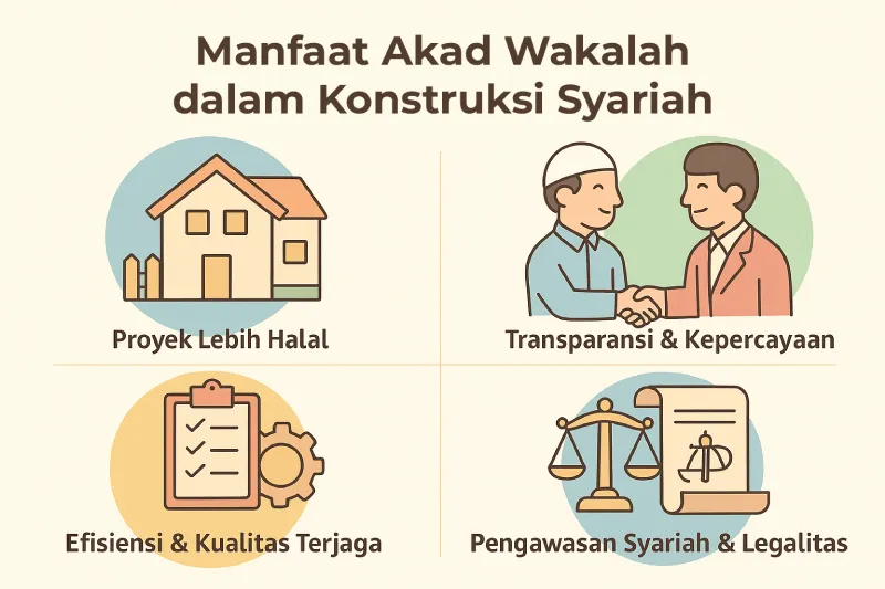 Empat manfaat utama akad wakalah dalam konstruksi halal ditampilkan dalam ilustrasi pastel: proyek lebih halal, transparansi & kepercayaan, efisiensi & kualitas, serta pengawasan syariah & legalitas