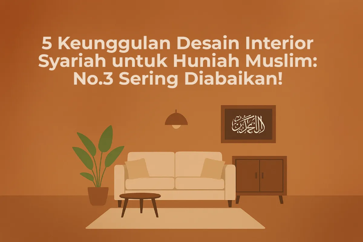Ilustrasi desain interior syariah yang menampilkan ruang tamu bernuansa pastel, lengkap dengan sofa minimalis, meja kayu, tanaman hias, dan hiasan kaligrafi Islami yang mencerminkan ketenangan rumah muslim.