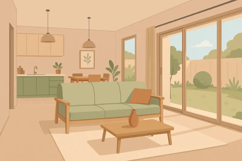 Ilustrasi ruang keluarga rumah 1 lantai yang menyatu dengan dapur dan taman