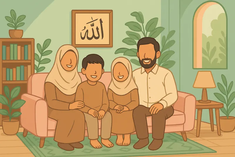 Ilustrasi keluarga muslim berkumpul di ruang tamu bernuansa pastel dengan desain interior syariah, dilengkapi lafaz Allah di dinding, tanaman hias, dan jendela lengkung Islami.