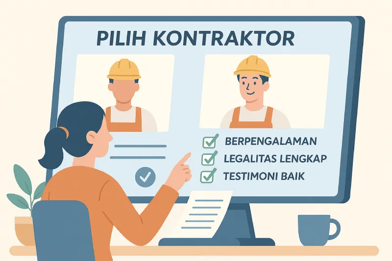 Ilustrasi wanita memilih kontraktor terpercaya melalui layar komputer, dengan checklist kriteria seperti berpengalaman, legalitas lengkap, dan testimoni baik.