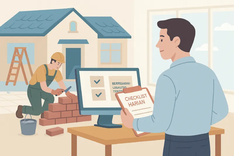 Ilustrasi pemilik rumah memegang checklist harian sambil mengawasi tukang yang sedang membangun dinding di proyek renovasi rumah.