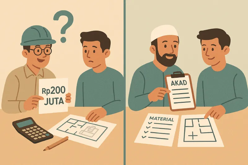 Ilustrasi dua kontraktor, satu menawarkan harga paket Rp200 juta yang membingungkan, satu lagi menjelaskan akad syariah dengan transparansi