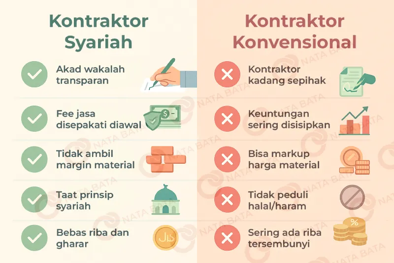 Infografis perbandingan kontraktor syariah dan konvensional dalam lima aspek: akad transparan, fee jasa, margin material, prinsip halal, dan riba, dengan ikon ilustratif 