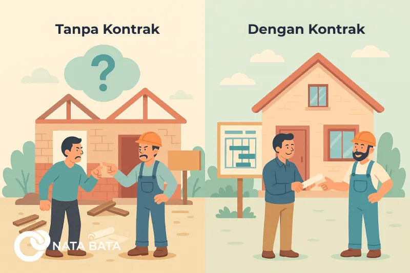 Ilustrasi perbandingan dua proyek konstruksi: di sisi kiri tanpa kontrak kerja proyek tampak kacau dan penuh konflik, sedangkan di sisi kanan proyek dengan kontrak berjalan rapi dan penuh kesepahaman antara klien dan kontraktor
