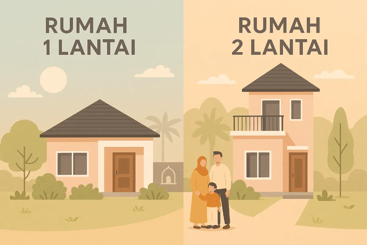 Ilustrasi perbandingan rumah 1 lantai dan rumah 2 lantai dengan desain minimalis di Jogja