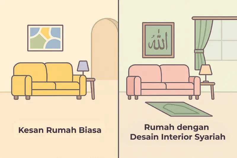 Ilustrasi perbandingan antara ruang tamu rumah biasa dan rumah dengan desain interior syariah, menampilkan perbedaan warna, dekorasi, dan nuansa spiritual dalam gaya pastel