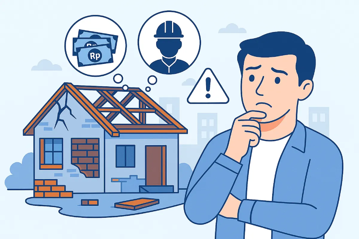 Ilustrasi digital bergaya flat menampilkan seorang pria dengan ekspresi khawatir berdiri di depan rumah yang rusak dan belum selesai dibangun, dengan simbol uang dan pekerja bangunan di atas kepalanya, menggambarkan kesalahan bangun rumah umum dalam pembangunan rumah.