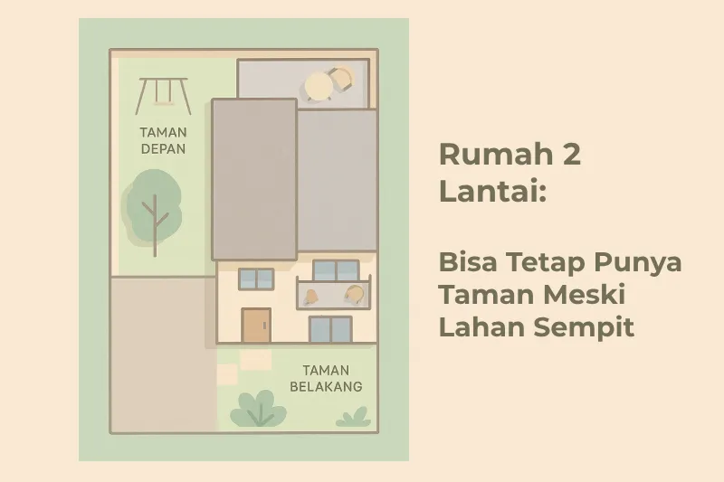 Ilustrasi tampak atas rumah dua lantai di lahan sempit dengan taman depan dan taman belakang serta balkon lantai dua