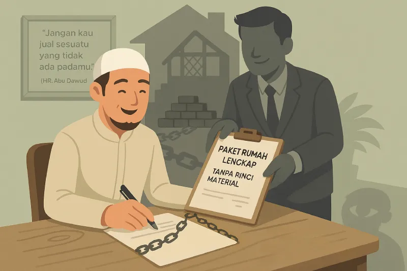 Ilustrasi konsumen menandatangani kontrak pembangunan rumah tanpa menyadari unsur gharar dan barang belum dimiliki
