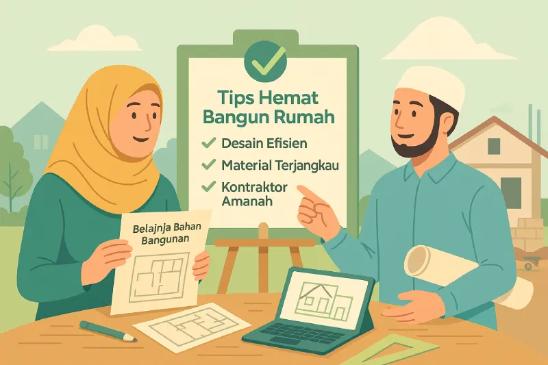 Pasangan Muslim berdiskusi sambil memegang denah rumah dan daftar belanja material, dengan papan berisi tips hemat biaya bangun rumah