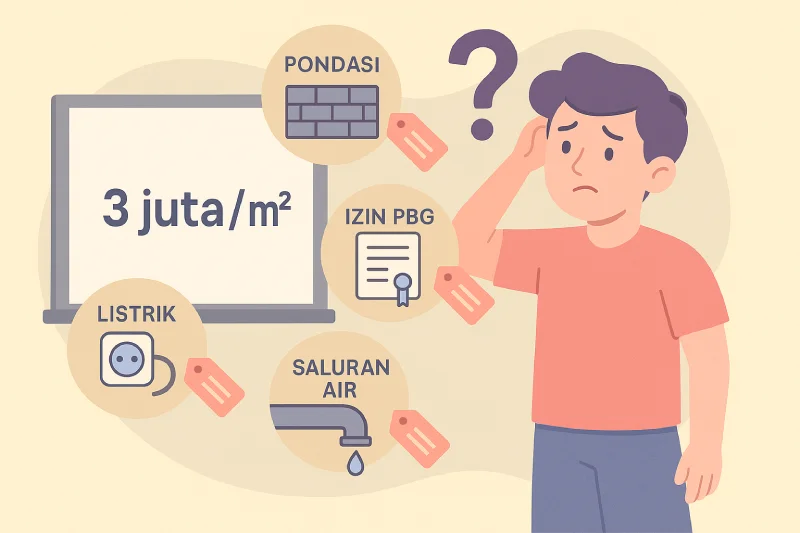 Ilustrasi orang bingung menghitung biaya bangun rumah per meter, dikelilingi ikon pondasi, listrik, izin PBG, dan saluran air dalam gaya flat 2D pastel