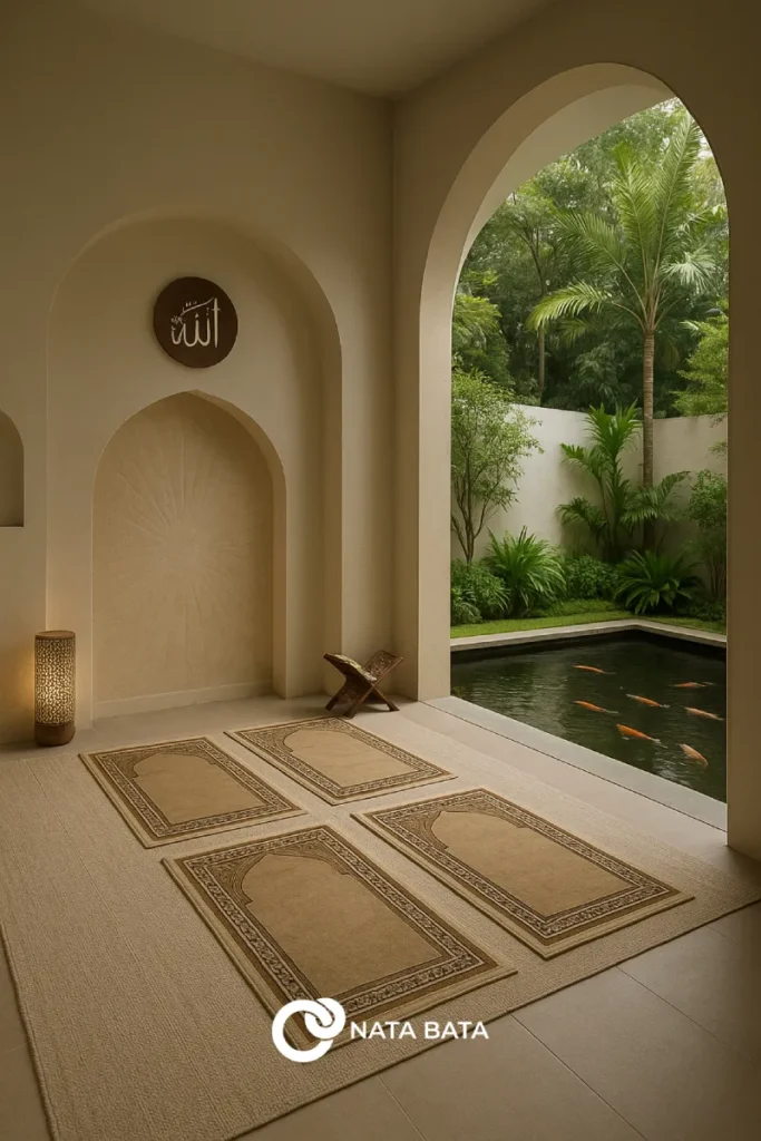 mushola semi outdoor dengan kolam ikan, mihrab islami, dan pemandangan taman hijau
