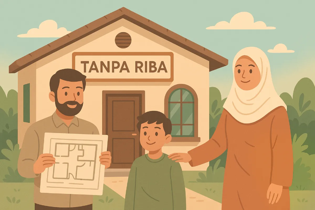 Ilustrasi keluarga muslim membangun rumah tanpa riba sesuai syariat Islam
