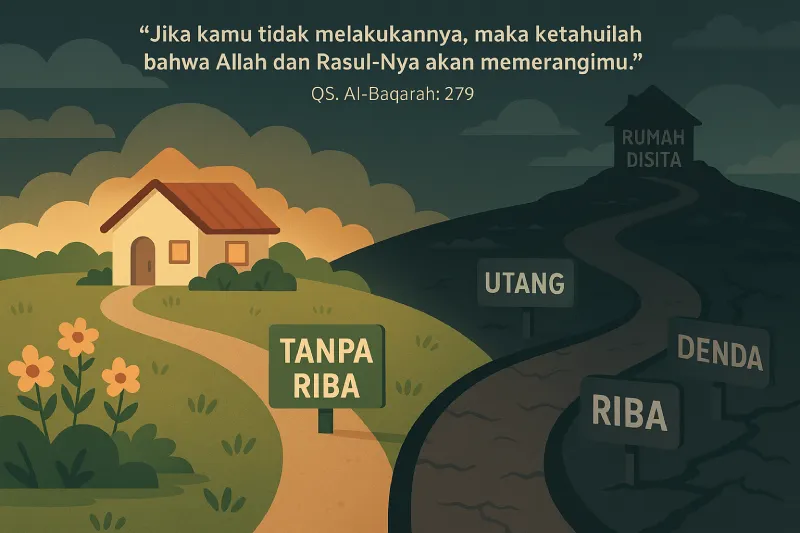 Ilustrasi dua jalan pilihan hidup: rumah halal tanpa riba vs jalur gelap penuh riba dan dosa