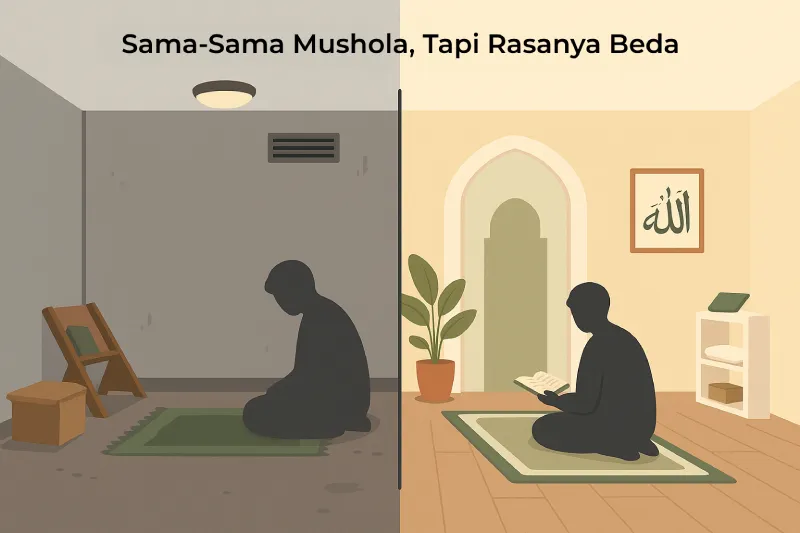 Perbandingan mushola sebelum dan sesudah renovasi, dari gelap dan sumpek menjadi terang dan nyaman dengan desain islami