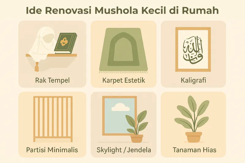 Infografis ide dengan enam pilihan visual: rak tempel, karpet estetik, kaligrafi, partisi minimalis, skylight atau jendela, dan tanaman hias