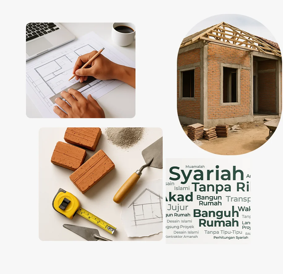 Kolase gambar proses pembangunan rumah, mulai dari tangan arsitek menggambar denah, rumah bata merah setengah jadi, alat dan bahan bangunan seperti batu bata dan semen, serta tag cloud kata-kata syariah seperti 'Amanah', 'Tanpa Riba', dan 'Akad'.