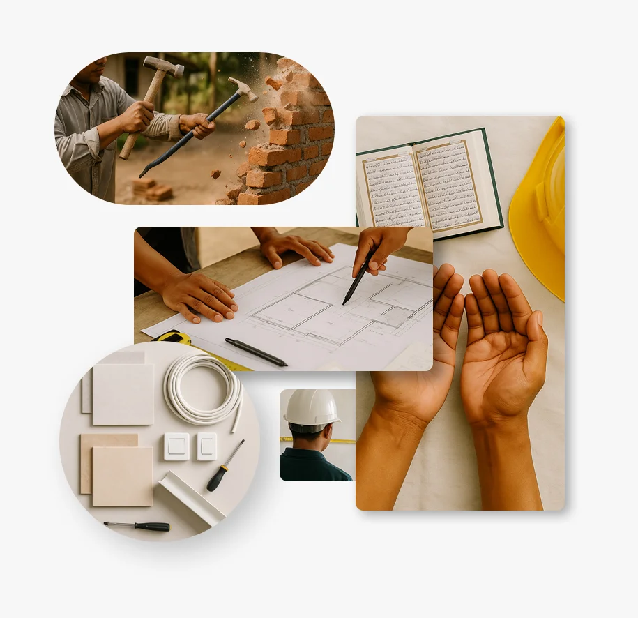 Kolase foto renovasi rumah syariah. Terdiri dari: tukang menghancurkan tembok bata lama, blueprint proyek dengan tangan arsitek menunjuk, dua tangan terbuka berdoa di samping helm dan Al-Qur’an kecil, perlengkapan material renovasi seperti kabel, saklar, dan keramik, serta dua pekerja mengukur ruangan kosong. Warna dominan hangat dan nuansa spiritual tampak kuat.