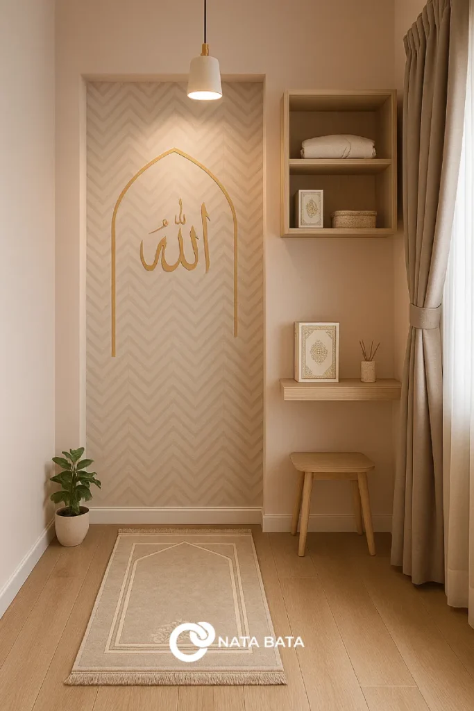 mushola kecil dengan desain minimalis, kaligrafi Islami, dan pencahayaan alami untuk suasana ibadah yang nyaman.