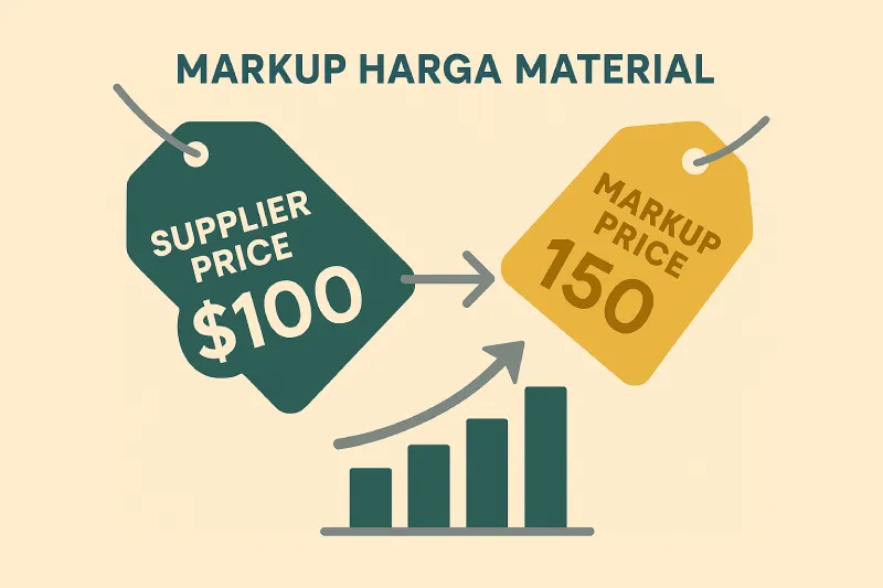 Ilustrasi markup harga material dengan tag harga supplier dan harga markup serta grafik kenaikan