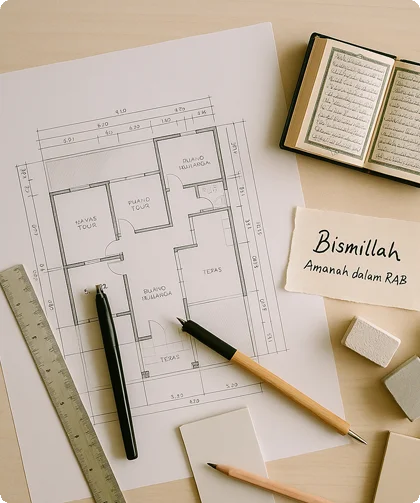 Tampilan top-down sebuah meja perencanaan bangunan yang menampilkan denah rumah, Al-Qur’an saku, catatan bertuliskan “Bismillah”, serta alat gambar seperti penggaris dan pulpen. Suasana tenang, syariah, dan penuh niat baik.