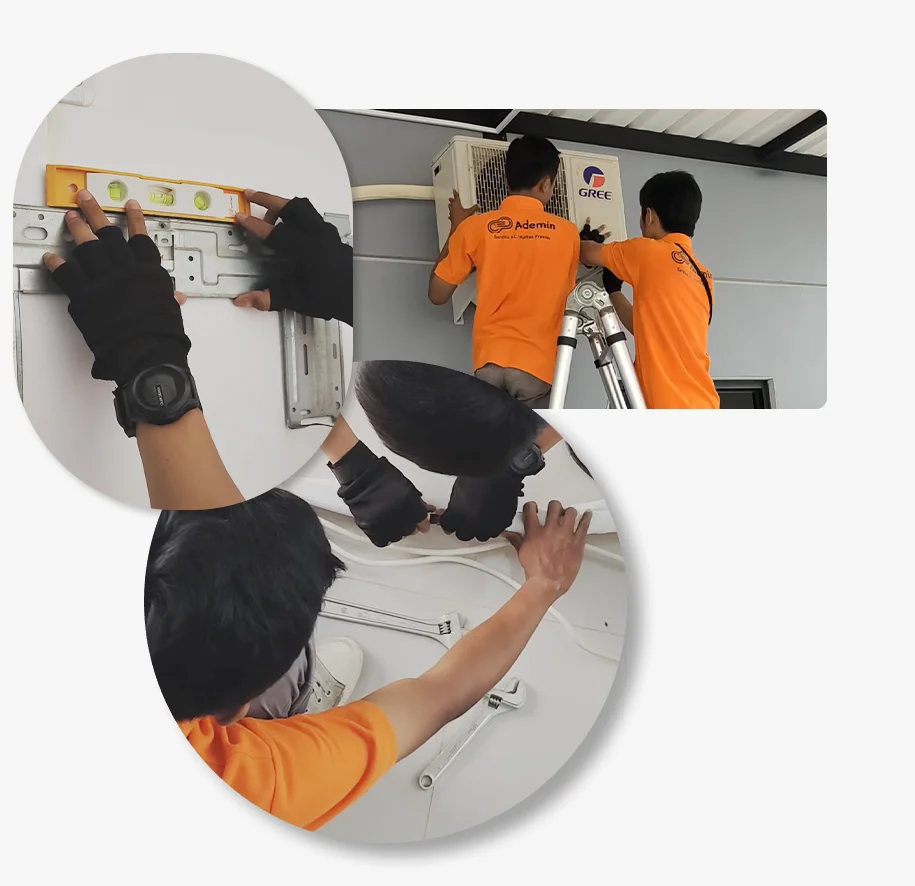 Teknisi AC dari Ademin sedang melakukan instalasi dan pengecekan unit AC, menggunakan alat ukur dan sarung tangan kerja. Foto menampilkan proses kerja detail dari pemasangan bracket, pengaturan pipa refrigerant, hingga pemasangan unit outdoor di dinding luar bangunan.