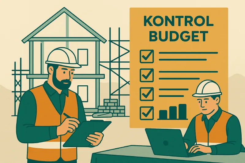 Ilustrasi pekerja proyek memeriksa anggaran dengan clipboard dan laptop di depan rumah yang sedang dibangun