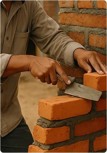 Tukang bangunan Indonesia sedang memasang bata merah di proyek rumah tinggal dengan latar belakang bangunan setengah jadi