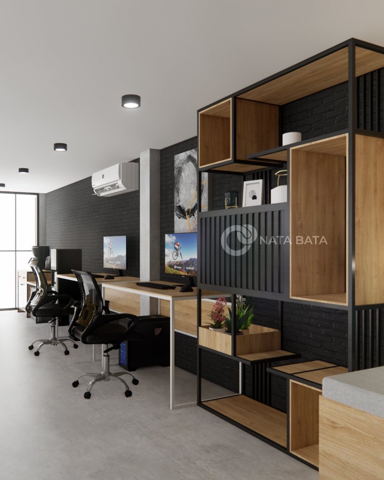 Desain interior studio kerja kecil dengan rak multifungsi dan workstation bergaya industrial modern