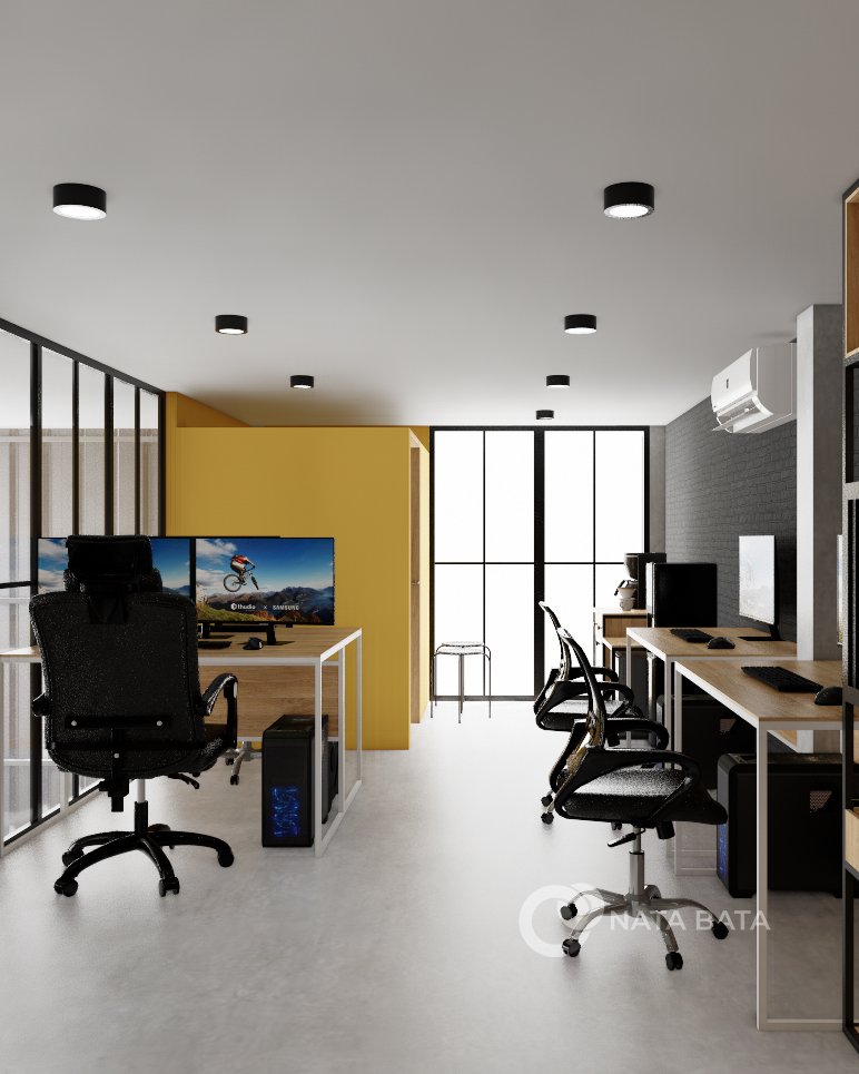 Studio desain minimalis dengan workstation berjajar dan dinding aksen kuning mustard