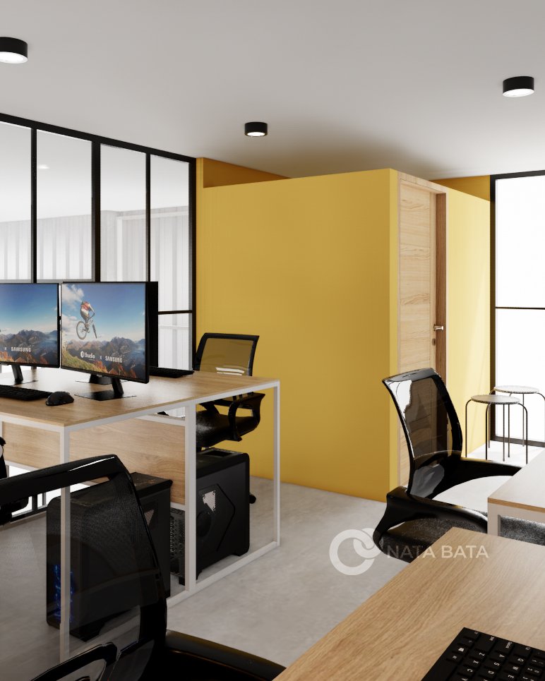 Desain ruang kerja kecil dengan meja kerja ganda dan partisi kaca bergaya industrial