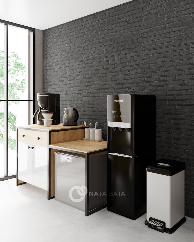 Pantry minimalis studio kerja dengan rak kayu, dispenser, dan kulkas kecil