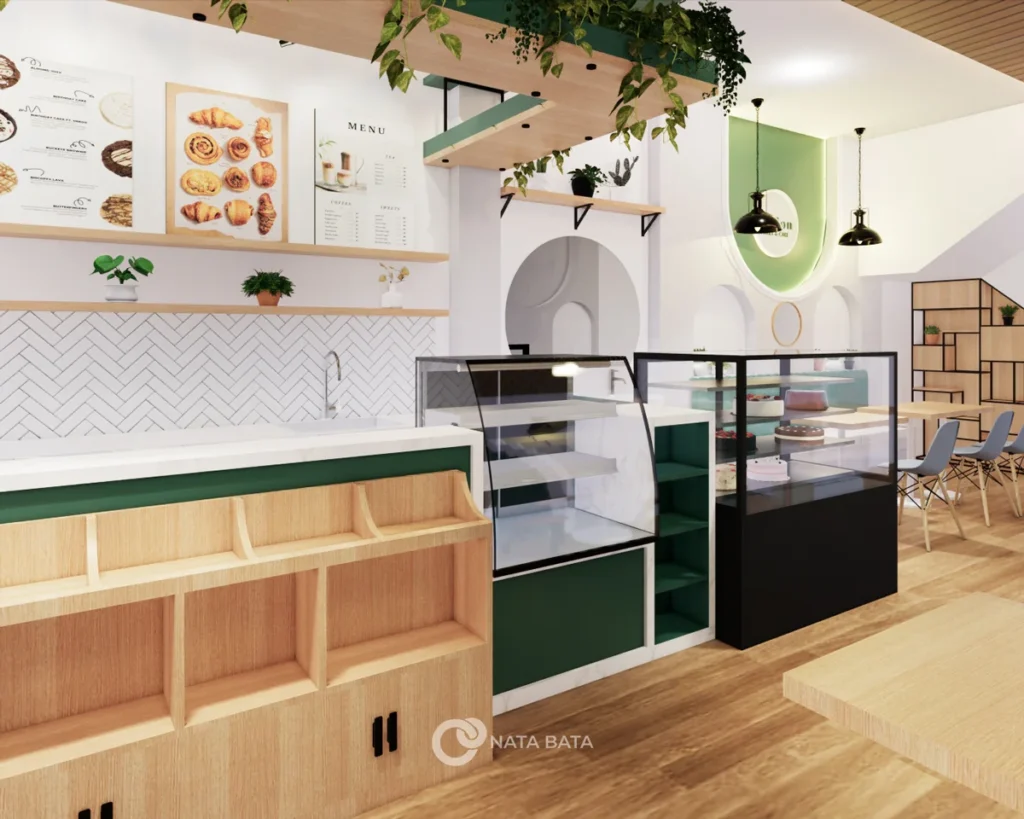 Desain ruang kasir dan tampilan menu di interior toko bakery