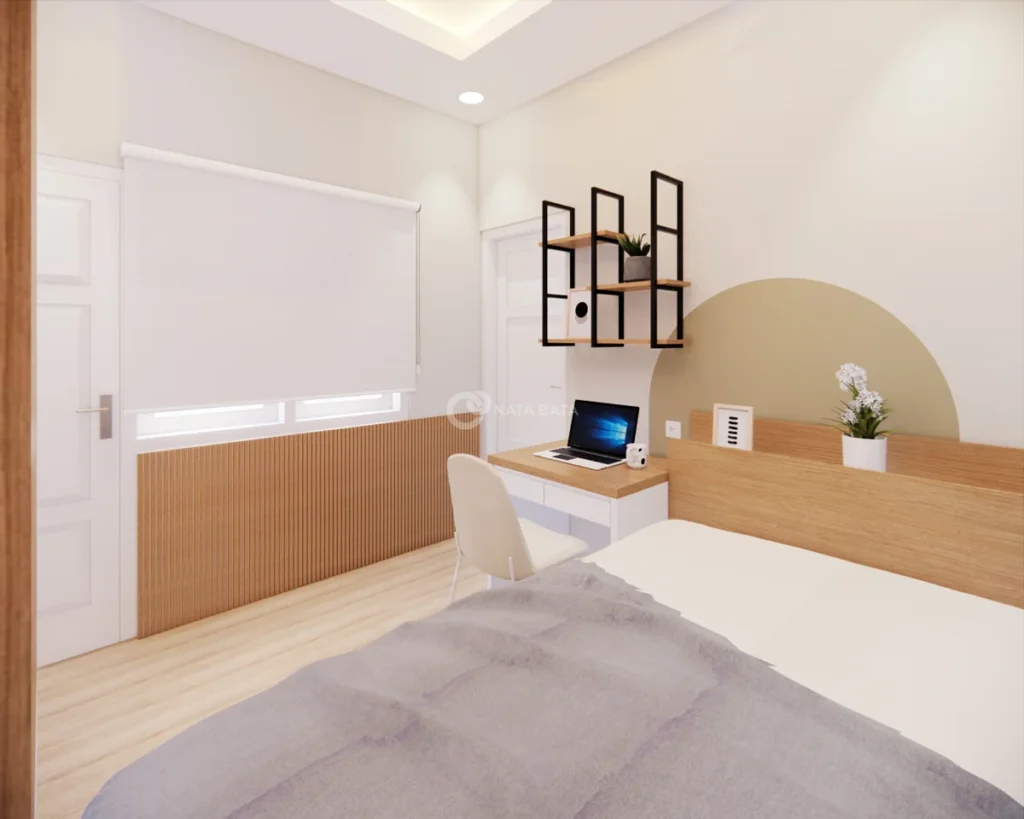 Tampilan meja belajar kamar kos minimalis dengan tirai dan pencahayaan alami