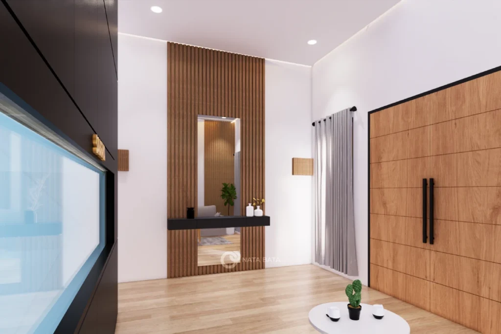 Interior ruang tamu dengan panel kayu, kaca cermin dekoratif, dan pencahayaan ambient modern