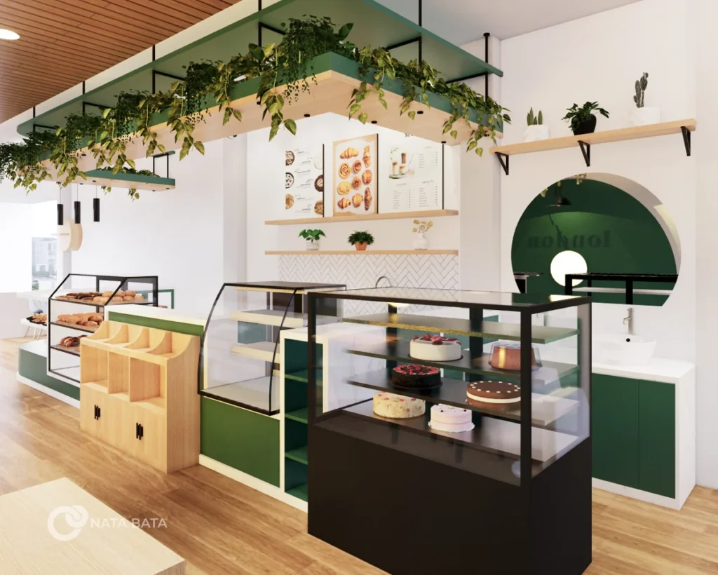 Etalase kue dan roti dengan background menu dan dekorasi tanaman